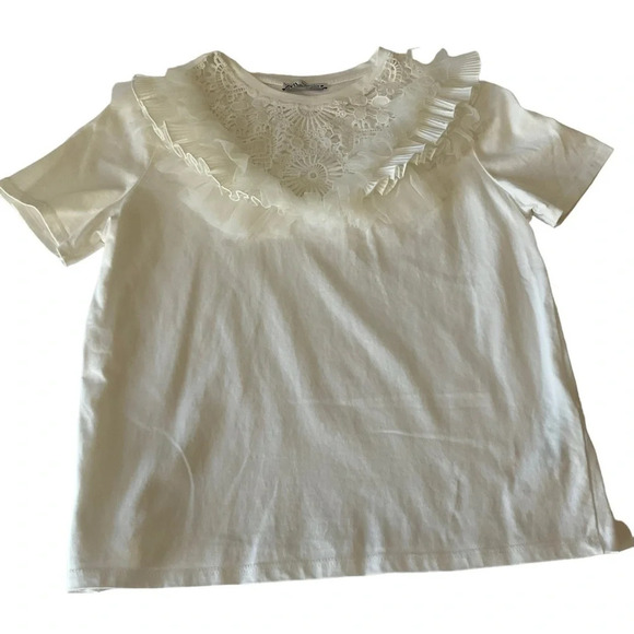 Zara Tops - Zara White Tee Shirt with Lacey Collar